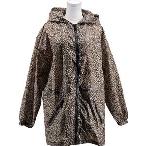 ShedRain Jacket Womens M/L Brown Animal Print Rain Coat Hooded Pockets Full Zip